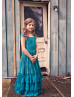 Teal Lace Chiffon V Back Bohemian Ruffle Flower Girl Dress